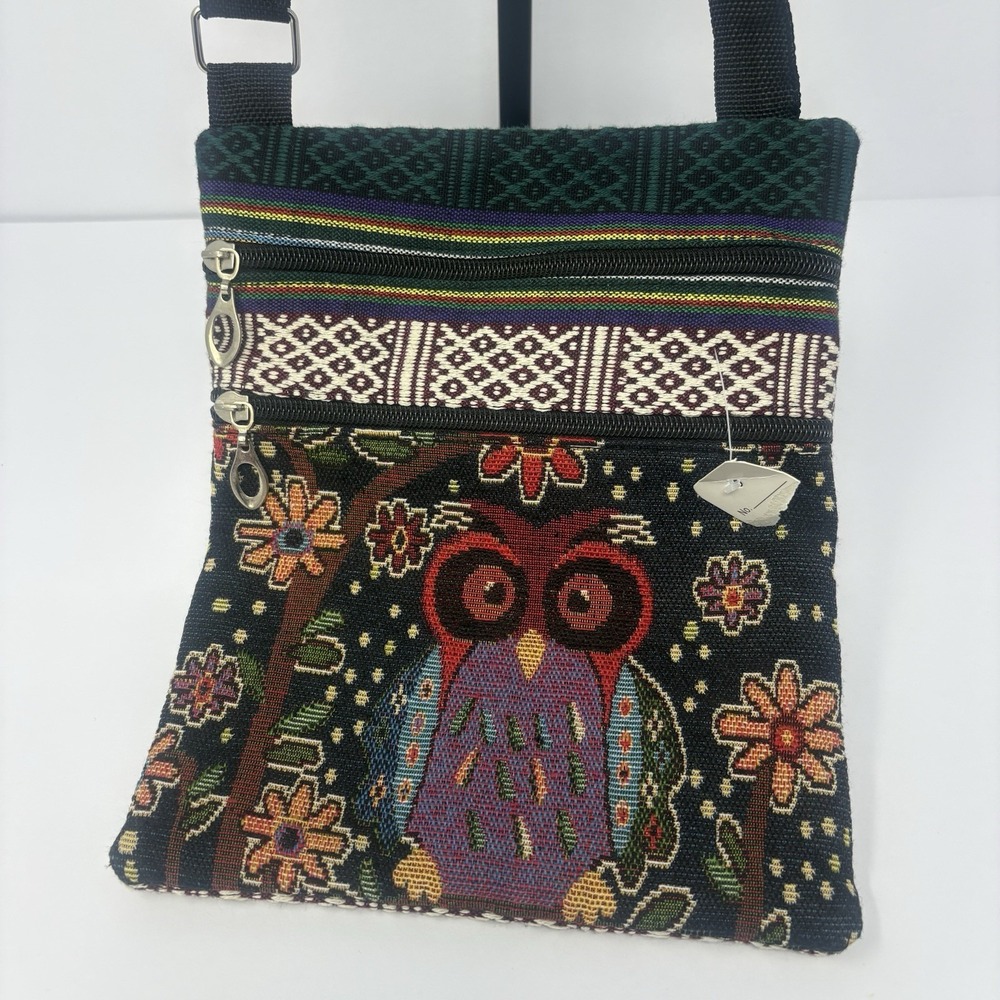 Owl Tapestry Crossbody Bag Multicolor Boho Adjustable Strap 2 Zip Pockets